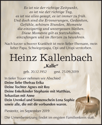 Traueranzeige von Heinz Kallenbach von Super Sonntag Wittenberg