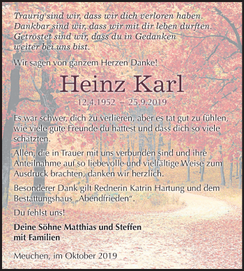 Traueranzeige von Heinz Karl von Mitteldeutsche Zeitung Weißenfels