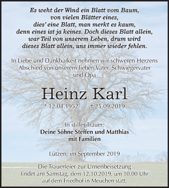 Traueranzeige von Heinz Karl von Wochenspiegel Weißenfels