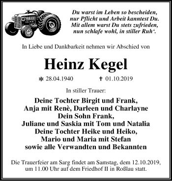 Traueranzeige von Heinz Kegel von Mitteldeutsche Zeitung Dessau-Roßlau