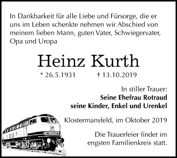 Traueranzeige von Heinz Kurth von Mitteldeutsche Zeitung Mansfelder Land