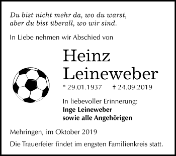 Traueranzeige von Heinz Leineweber von Wochenspiegel Aschersleben