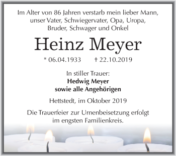 Traueranzeige von Heinz Meyer von Mitteldeutsche Zeitung Mansfelder Land