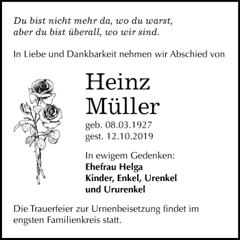 Traueranzeige von Heinz Müller von Mitteldeutsche Zeitung Mansfelder Land