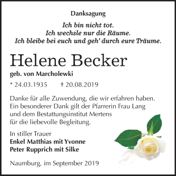Traueranzeige von Helene Becker von Wochenspiegel Naumburg/Nebra