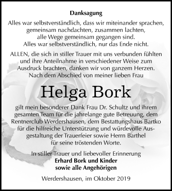 Traueranzeige von Helga Bork von Super Sonntag Köthen