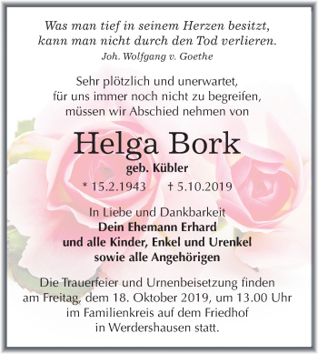 Traueranzeige von Helga Bork von Mitteldeutsche Zeitung Köthen