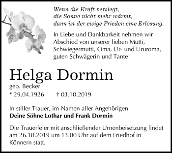 Traueranzeige von Helga Dorn von Mitteldeutsche Zeitung Bernburg
