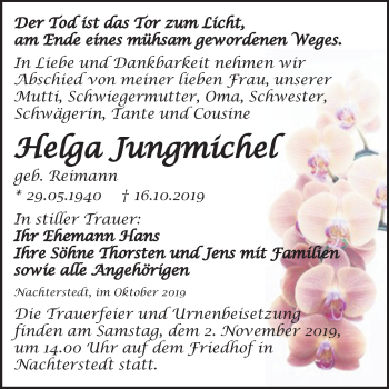 Traueranzeige von Helga Jungmichel von Mitteldeutsche Zeitung Aschersleben