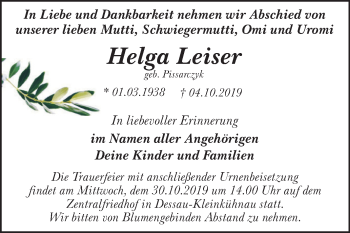 Traueranzeige von Helga Leiser von Mitteldeutsche Zeitung Dessau-Roßlau