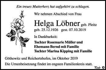 Traueranzeige von Helga Löbner von Mitteldeutsche Zeitung Weißenfels