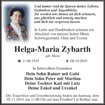 Traueranzeige von Helga-Maria Zybarth von Super Sonntag Dessau-Roßlau