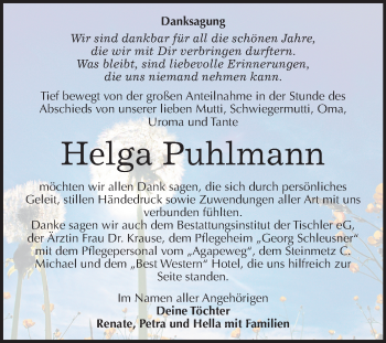 Traueranzeige von Helga Puhlmann von Super Sonntag Wittenberg