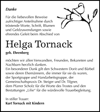 Traueranzeige von Helga Tornack von Super Sonntag Köthen