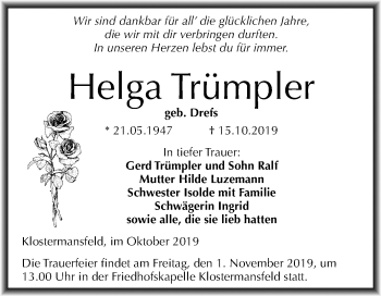 Traueranzeige von Helga Trümpler von Mitteldeutsche Zeitung Mansfelder Land