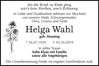Traueranzeige von Helga Wahl von Mitteldeutsche Zeitung Bernburg