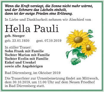 Traueranzeige von Hella Pauli von Super Sonntag Merseburg/Querfurt