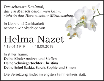 Traueranzeige von Helma Nazet von Mitteldeutsche Zeitung Wittenberg