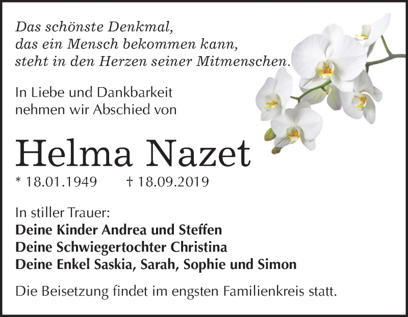  Traueranzeige für Helma Nazet vom 05.10.2019 aus Super Sonntag Wittenberg