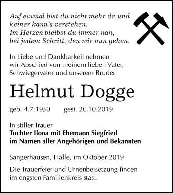 Traueranzeige von Helmut Dogge von Mitteldeutsche Zeitung Sangerhausen