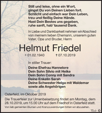 Traueranzeige von Helmut Friedel von Super Sonntag Zeitz
