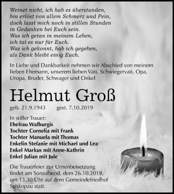 Traueranzeige von Helmut Groß von Super Sonntag Merseburg/Querfurt