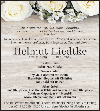 Traueranzeige von Helmut Liedtke von Mitteldeutsche Zeitung Bitterfeld