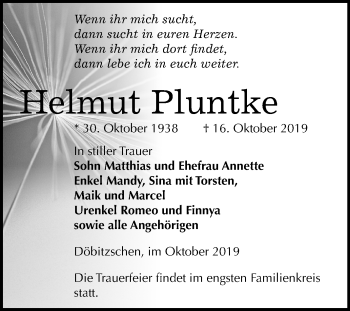 Traueranzeige von Helmut Pluntke von Super Sonntag Zeitz