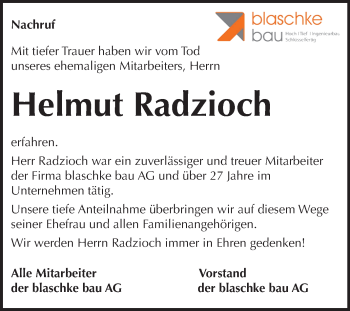 Traueranzeige von Helmut Radzioch von Wochenspiegel Bitterfeld