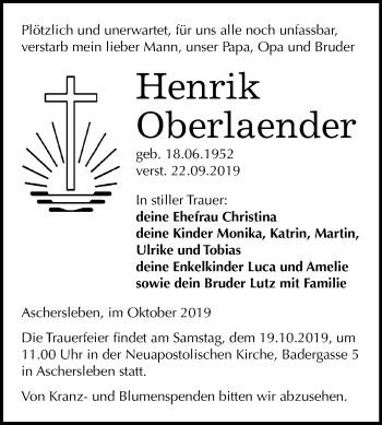 Traueranzeige von Henrik Oberlaender von Super Sonntag Aschersleben