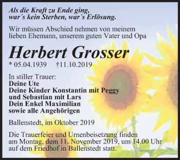 Traueranzeige von Herbert Grosser von Super Sonntag Quedlinburg