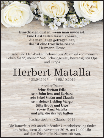 Traueranzeige von Herbert Matalla von Mitteldeutsche Zeitung Aschersleben / Quedlinburg