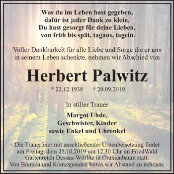 Traueranzeige von Herbert Palwitz von Mitteldeutsche Zeitung Dessau-Roßlau