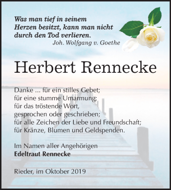 Traueranzeige von Herbert Rennecke von Wochenspiegel Quedlinburg