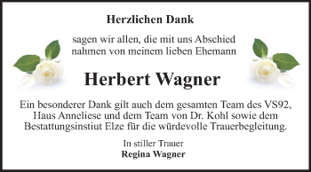 Traueranzeige von Herbert Wagner von Mitteldeutsche Zeitung Dessau-Roßlau