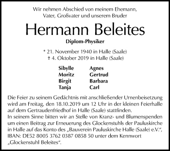 Traueranzeige von Hermann Beleites von Mitteldeutsche Zeitung Halle/Saalkreis