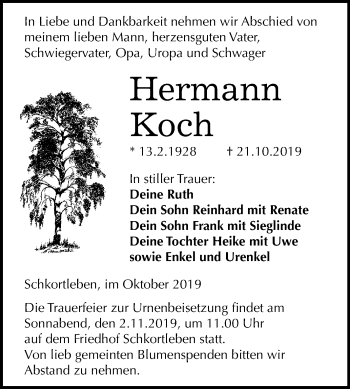 Traueranzeige von Hermann Koch von Wochenspiegel Weißenfels