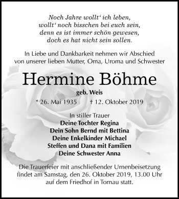 Traueranzeige von Hermine Böhme von Super Sonntag Wittenberg