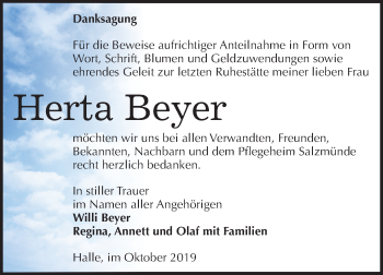 Traueranzeige von Herta Beyer von Mitteldeutsche Zeitung Halle/Saalkreis