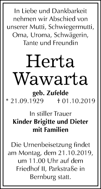 Traueranzeige von Herta Wawarta von Mitteldeutsche Zeitung Bernburg