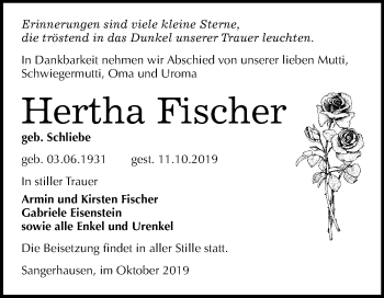 Traueranzeige von Hertha Fischer von Mitteldeutsche Zeitung Sangerhausen