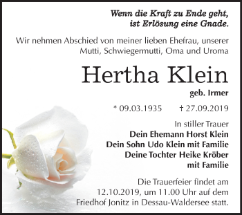 Traueranzeige von Hertha Klein von Mitteldeutsche Zeitung Dessau-Roßlau