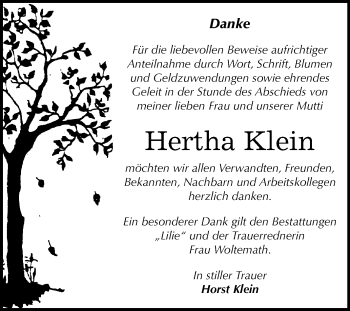 Traueranzeige von Hertha Klein von Mitteldeutsche Zeitung Dessau-Roßlau