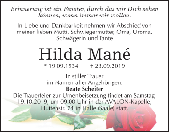 Traueranzeige von Hilda Mané von Mitteldeutsche Zeitung Halle/Saalkreis