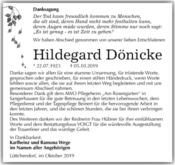 Traueranzeige von Hildegard Dönicke von Wochenspiegel Mansfelder Land / Sangerhausen