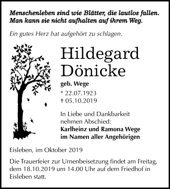 Traueranzeige von Hildegard Dönicke von Mitteldeutsche Zeitung Mansfelder Land