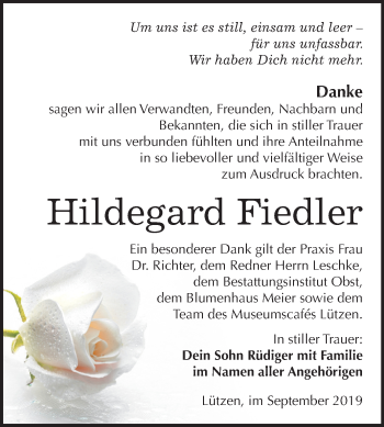 Traueranzeige von Hildegard Fiedler von Wochenspiegel Weißenfels