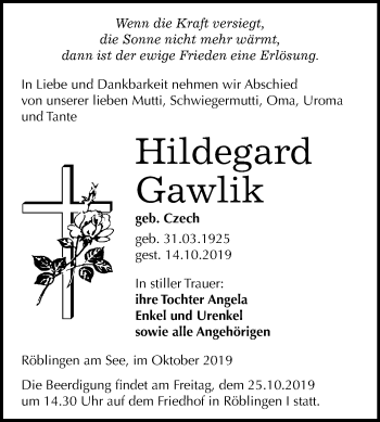 Traueranzeige von Hildegard Gawlik von Mitteldeutsche Zeitung Mansfelder Land