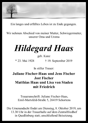 Traueranzeige von Hildegard Haas von Mitteldeutsche Zeitung Quedlinburg