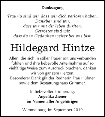 Traueranzeige von Hildegard Hintze von Mitteldeutsche Zeitung Mansfelder Land